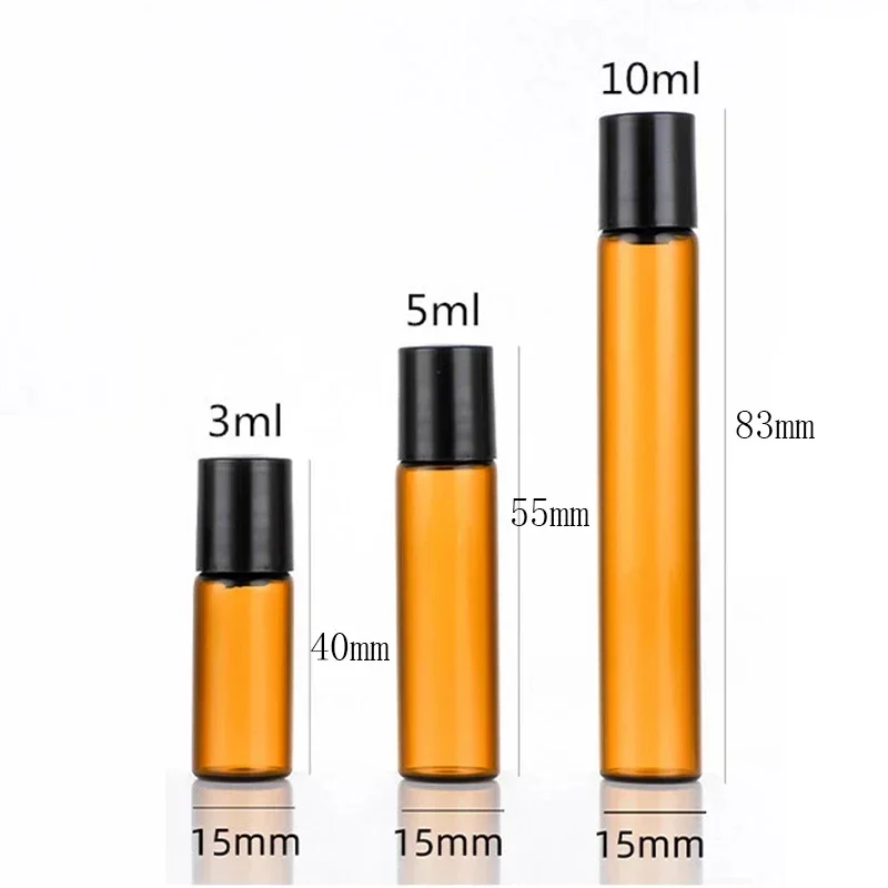 3/5/10ML Amber Glass Roller Perfume Bottle Empty Mini Roll on Gold Black Cap Cosmetics Sample Tube Thin Vials Refillable Bottle 6