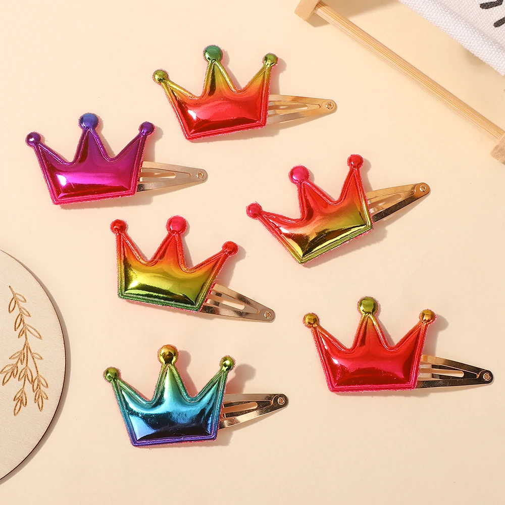 20Pcs 무작위 컬러 반짝 이는 크라운 헤어 클립 그라데이션 PU 가죽 머리핀 소녀 패션 머리 앞머리 헤어핀