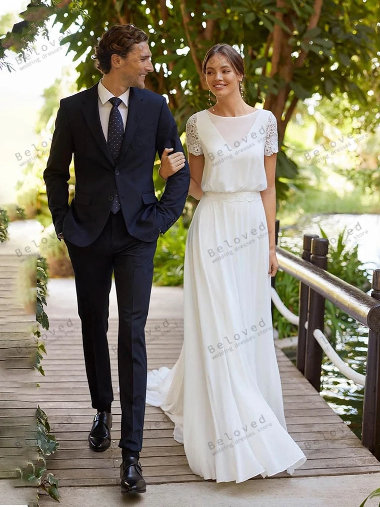 Glamorous Wedding Dresses A-Line Graceful Bridal Gowns Chiffon Floor Length Robes Short Sleeves Vestidos De Novia Customized 3