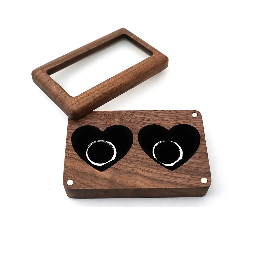 

Walnut Wooden Ring Box Double Slot Double Heart Jewelry Storage Box Window Design Magnetic Cover Ring Bearer Holder Christmas