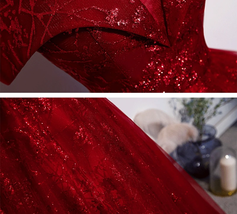 Rotes Abendkleid 2023 neu schulter frei klassisches elegantes Ballkleid ärmellose Pailletten Tüll Bankett Shinn ing Host Vestidos – Detail 9