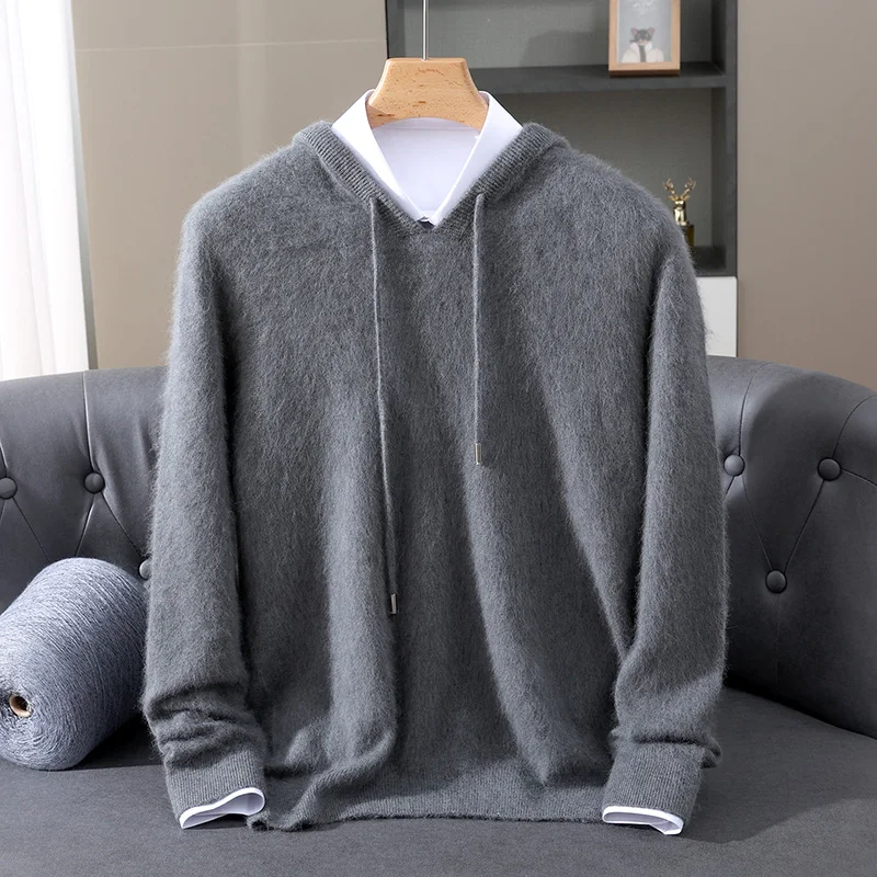 Men's hooded sweater autumn winter 100% mink cashmere sweater casual knitted pullover long-sleeved solid color loose knitted top 3