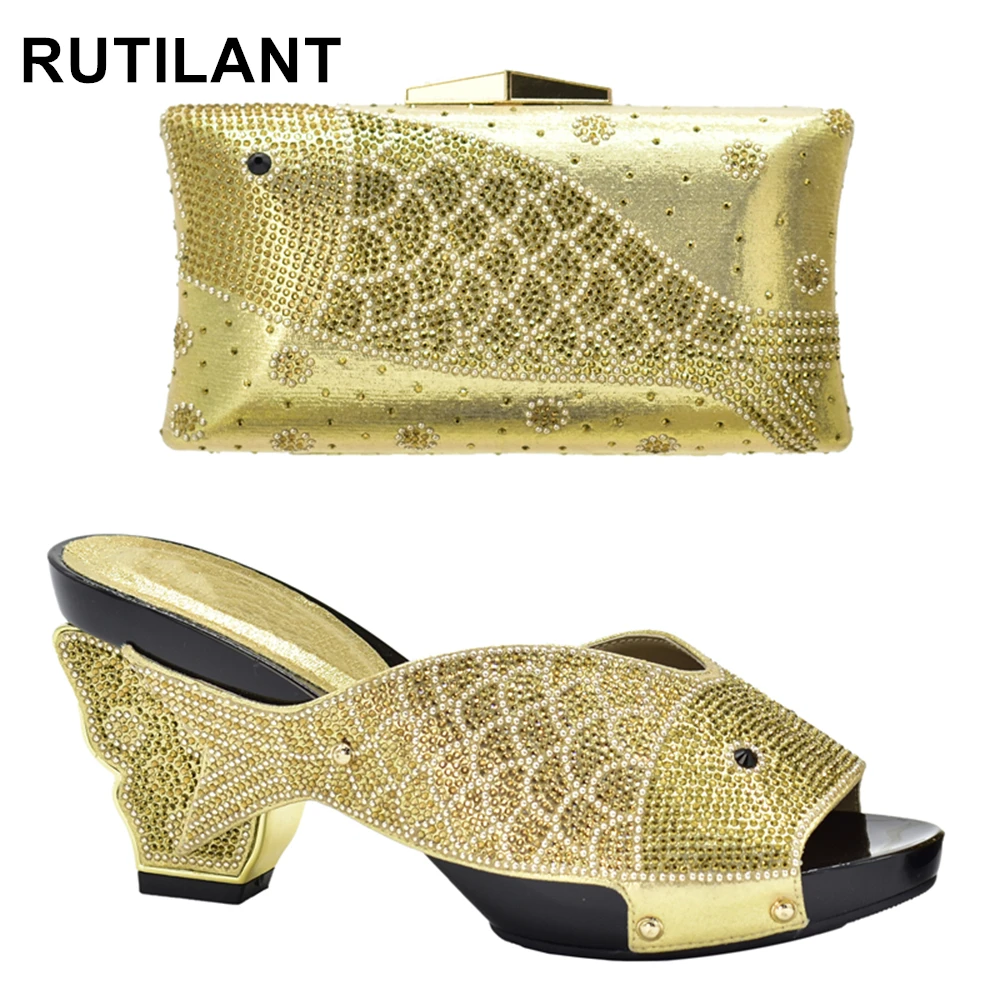 

Gold Color African Women Shoes Bags Set Decorated with Rhinestone Italian Ladies Shoes and Bags To Match Set Party Shoes and Bag