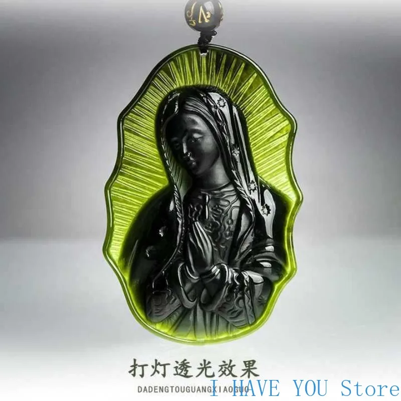 100% Natural Hotan Jade Pendant Ink Jade Virgin Mary Pendant Blue Hand Carved Necklace Charming Couple Lucky Jewelry Necklace