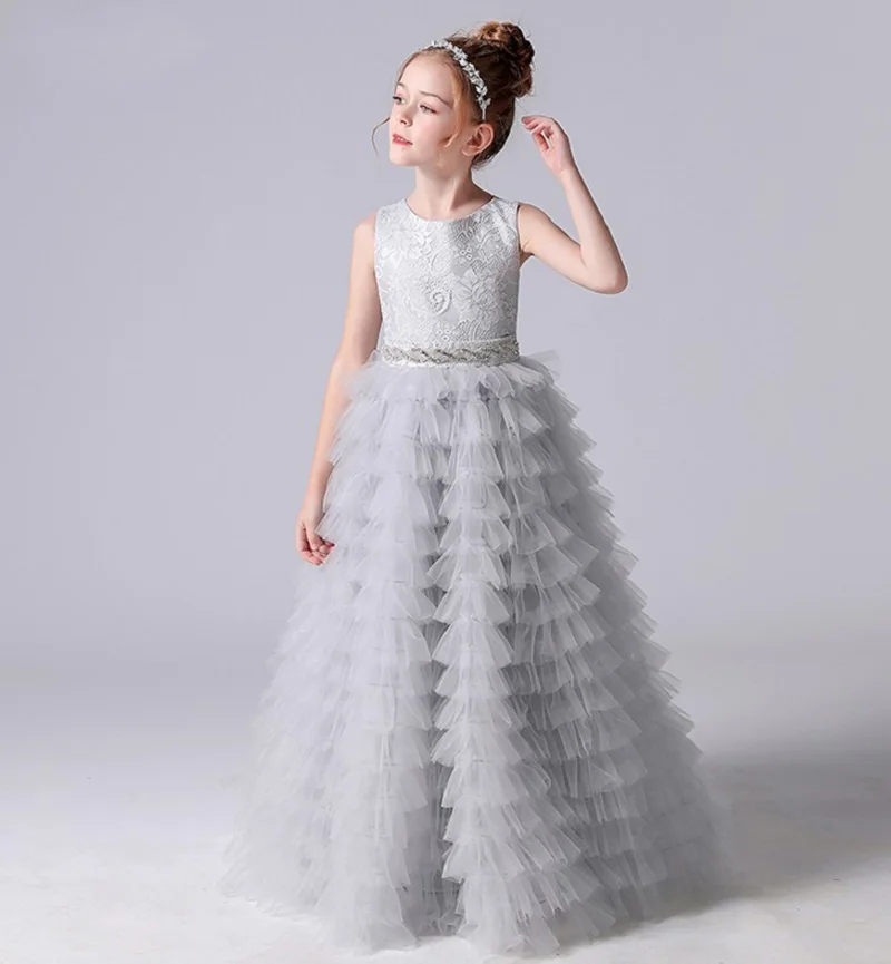 Kwiatowe sukienki dla dziewczynek szare tiulowe aplikacje warstwowe długa spódnica bez rękawów na wesele urodziny bankiet suknia księżniczki