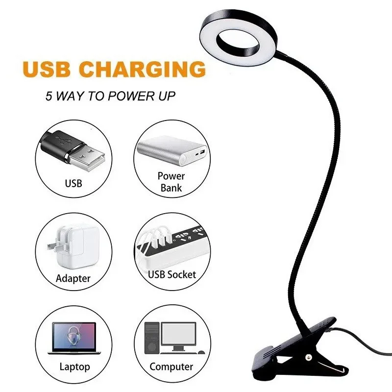 USB Book Light Clip Desk Lamp with Adjustable Brightness and Flexible Gooseneck