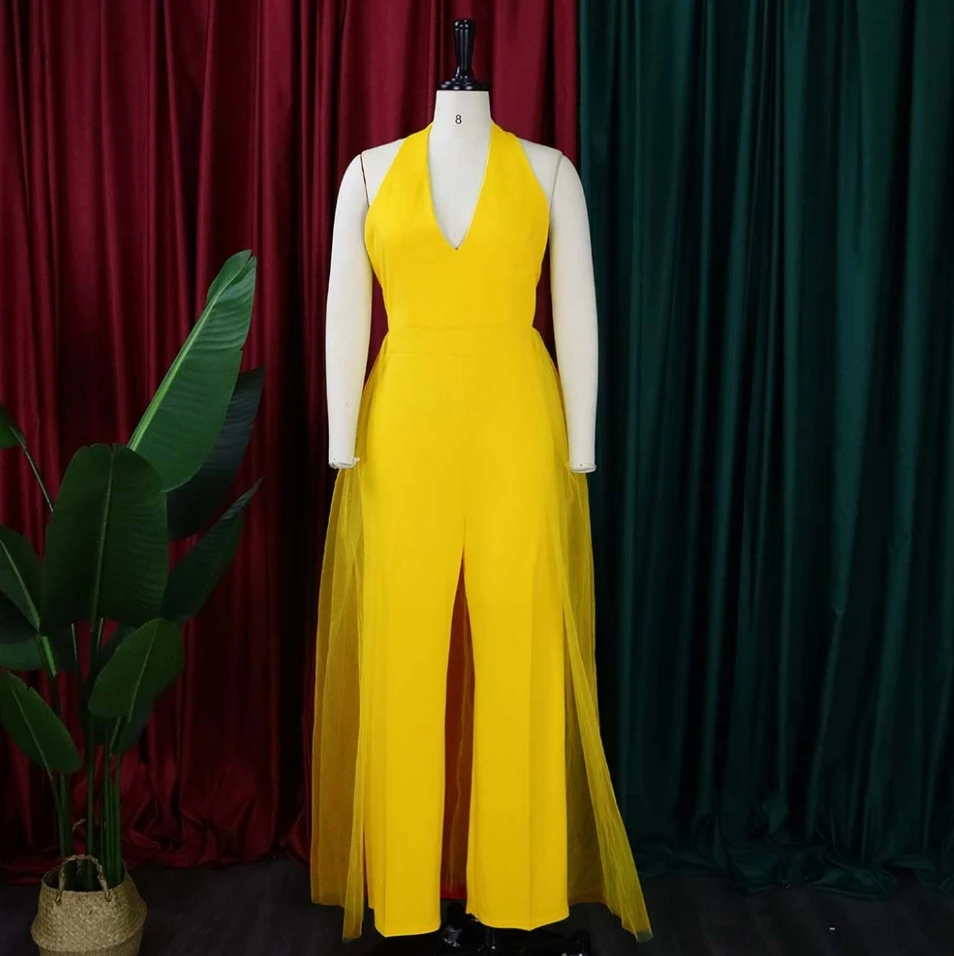 Sexy Jumpsuit Hanging Neck Backless Mesh Stitching Patchwork Deep V-Neck Loose Wide Leg Oversized Jumpsuit Plus Size Overall