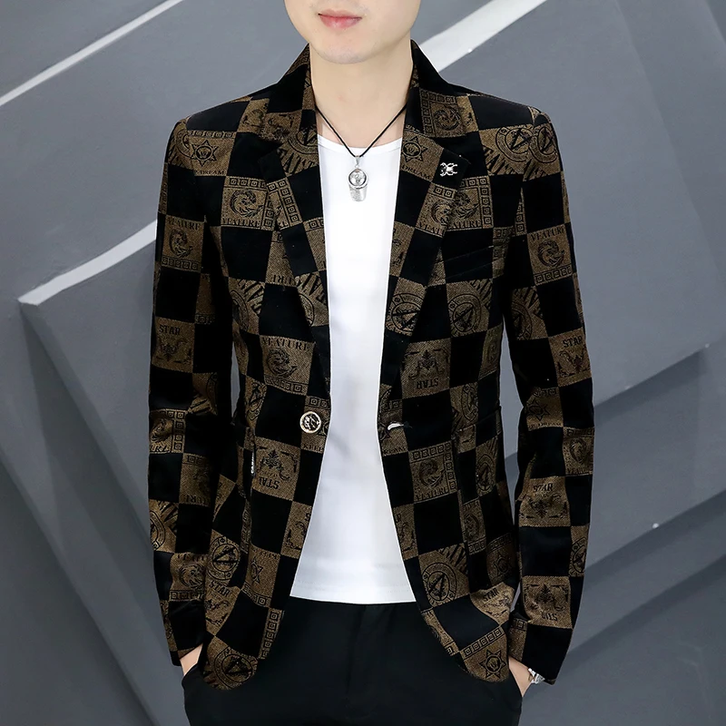 Luxury Vintage Print Men Blazers Business Casual Suit Jacket Slim Social Wedding Groom Blazer Masculino Streetwear Men Clothing men blazers