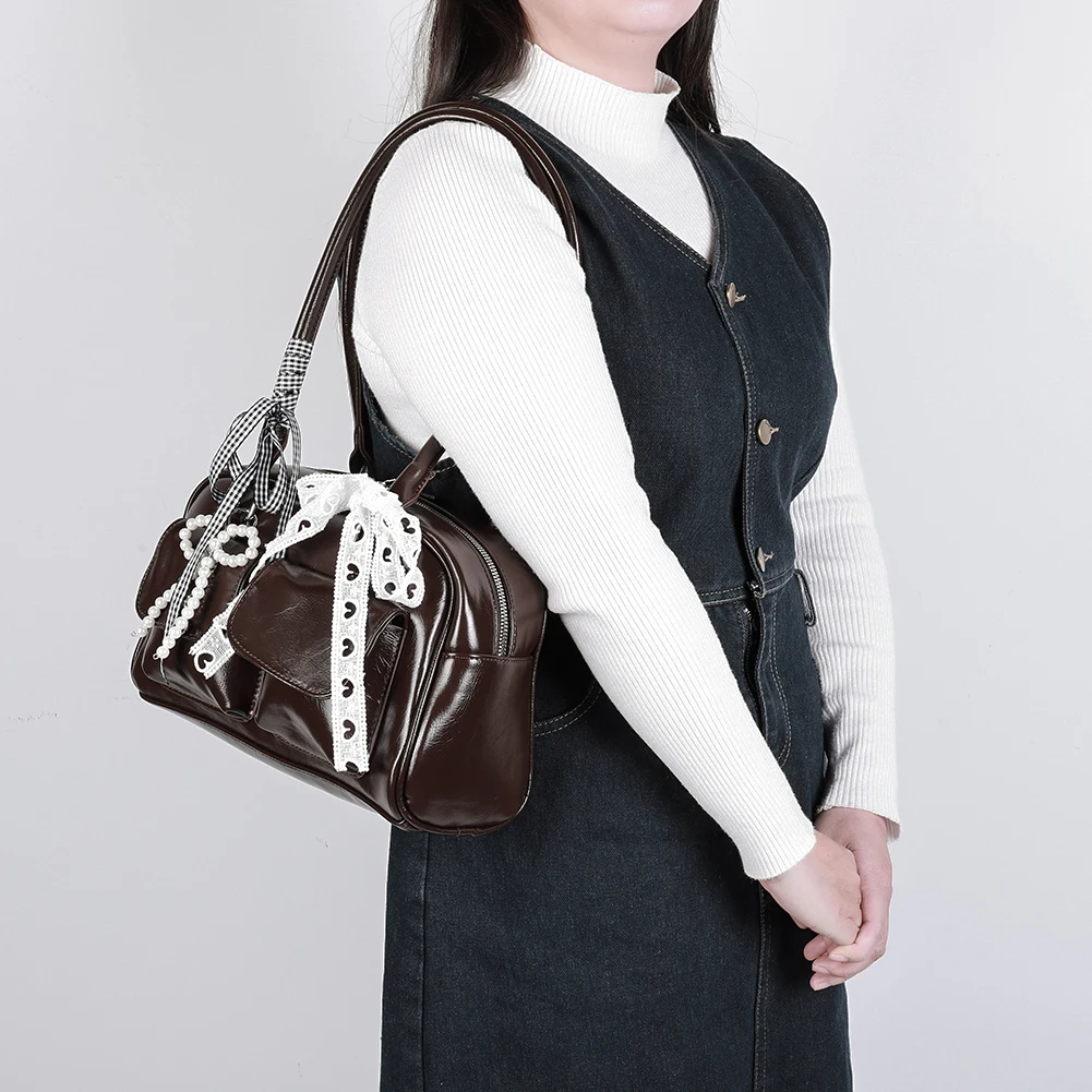 Vintage Bowling Bag PU Leather Boston Bag for Women Korean