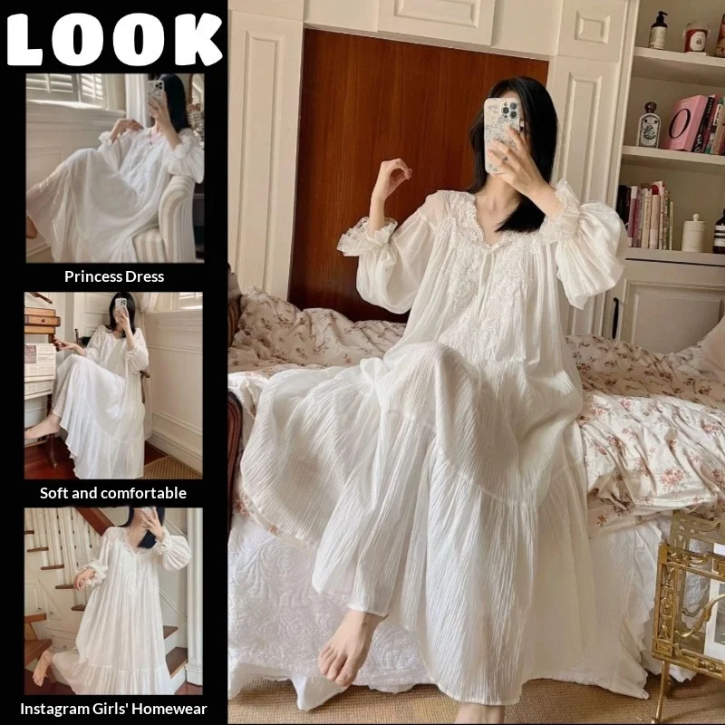 French Court-Style Sweet Princess-Inspired Long-Sleeve Nightgown for Women: New Spring/Fall Collection with Luxurious Lace Trim 1