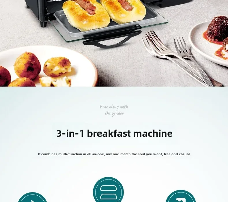 Description Picture 4 of itemUS 110V EU/UK 220V New 3 In 1 Breakfast Makers Set Multifunctional Machine With Toaster Oven Coffee Maker Frying Pan With lid