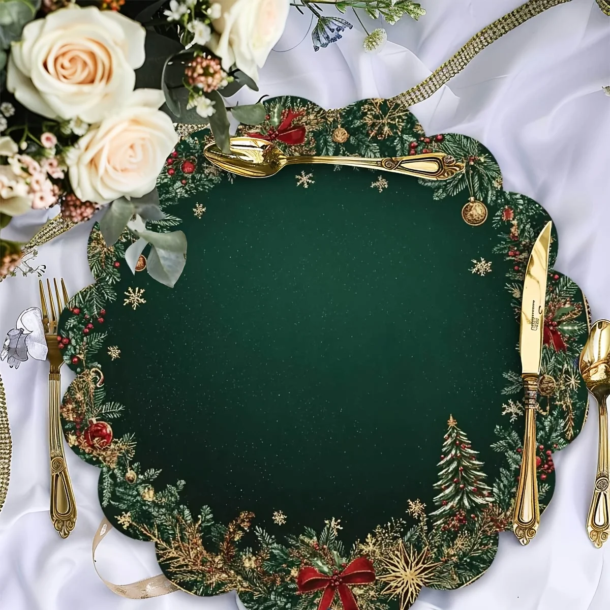 2/4pcs Round Placemats For Dining Table, Christmas Created-Emerald Green Golden Pattern Round Table Mats,Best For Christmas_voghion.com