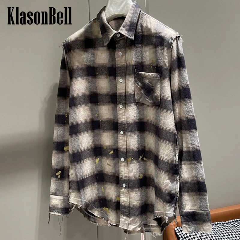 

4.23 KlasonBell Celebrity Same Fashion Al-matches Plaid Gold Dye Long Sleeve Shirt Women Frayed Lapel Loose Blouse