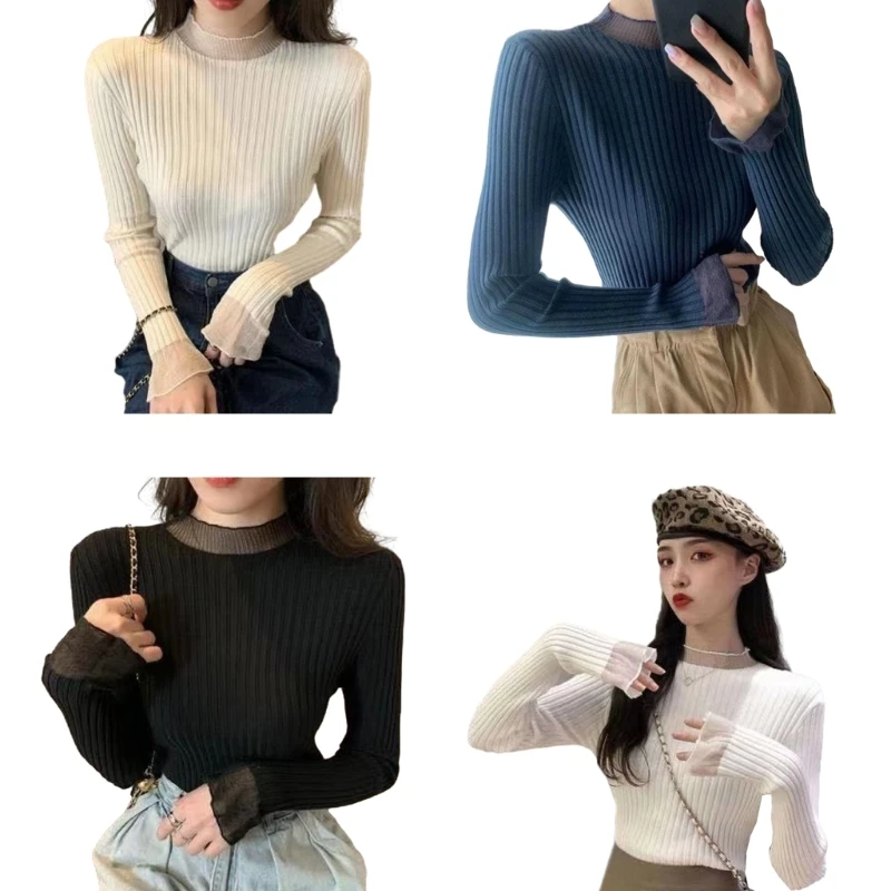 

Women's Long Sleeve Mock Neck Ribbed Knitted Sweaters Fit Stretch Pullover