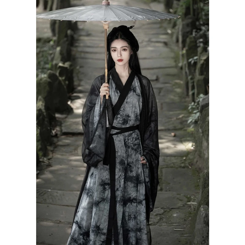 Black Cold Feeling Hanfu Women's Adult Model Cross Collar Ancient Costume over Antique Style Suit new arrival kapital vintage japanese antique loose bf pop contrast ethnic style sweater men s and women s high collar pullover