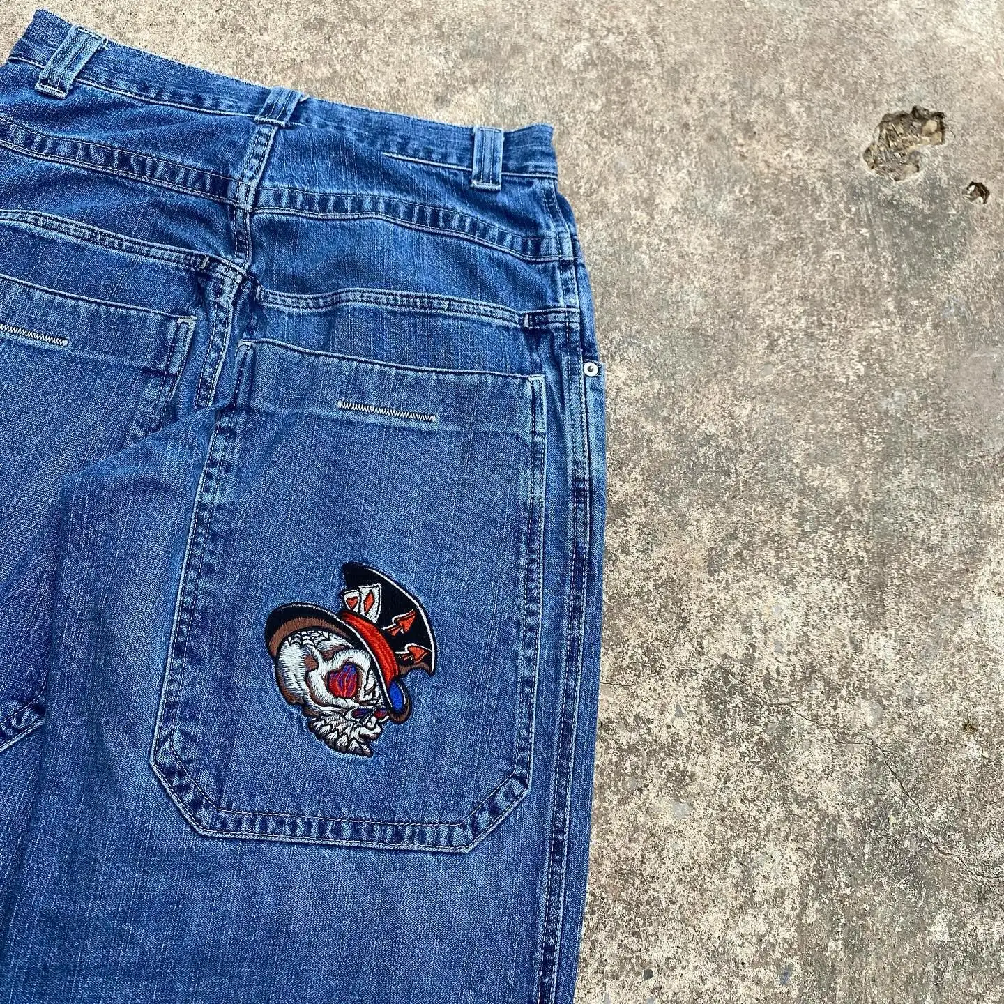 JNCO Y2K 청바지, 힙합 레트로 해골 그래픽, 레트로 블루, 헐렁한 청바지, 하이웨이스트 와이드 레그 바지, 스트리트웨어, 남녀공용, 신제품