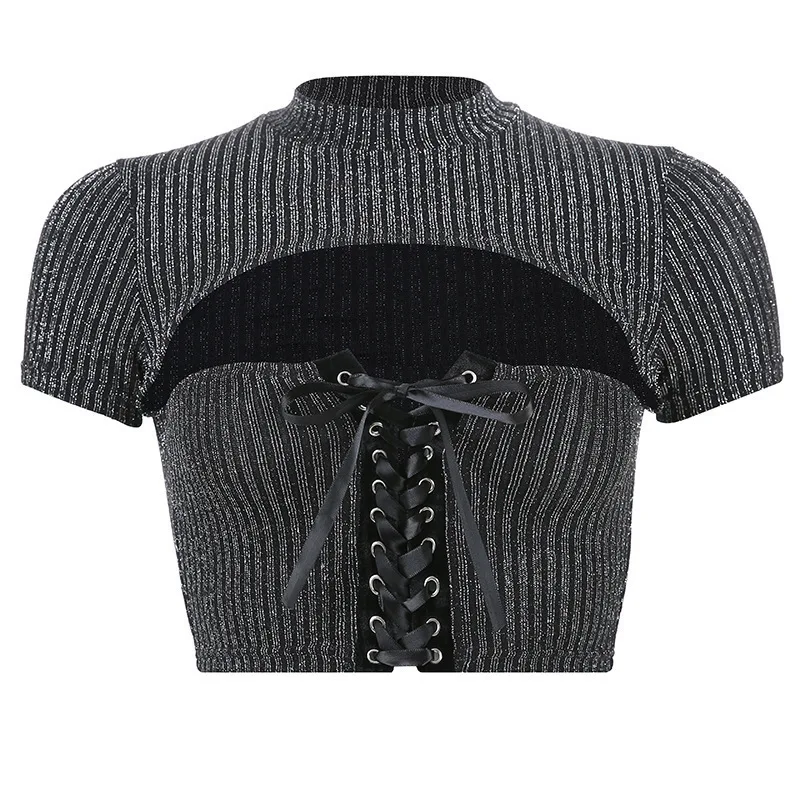 

Sexy Shine Women Bodycon Bandage Top Hollow Out Summer Black Crop Top Ladies Party Clubwear Short Sleeve High Neck Tees Shirt