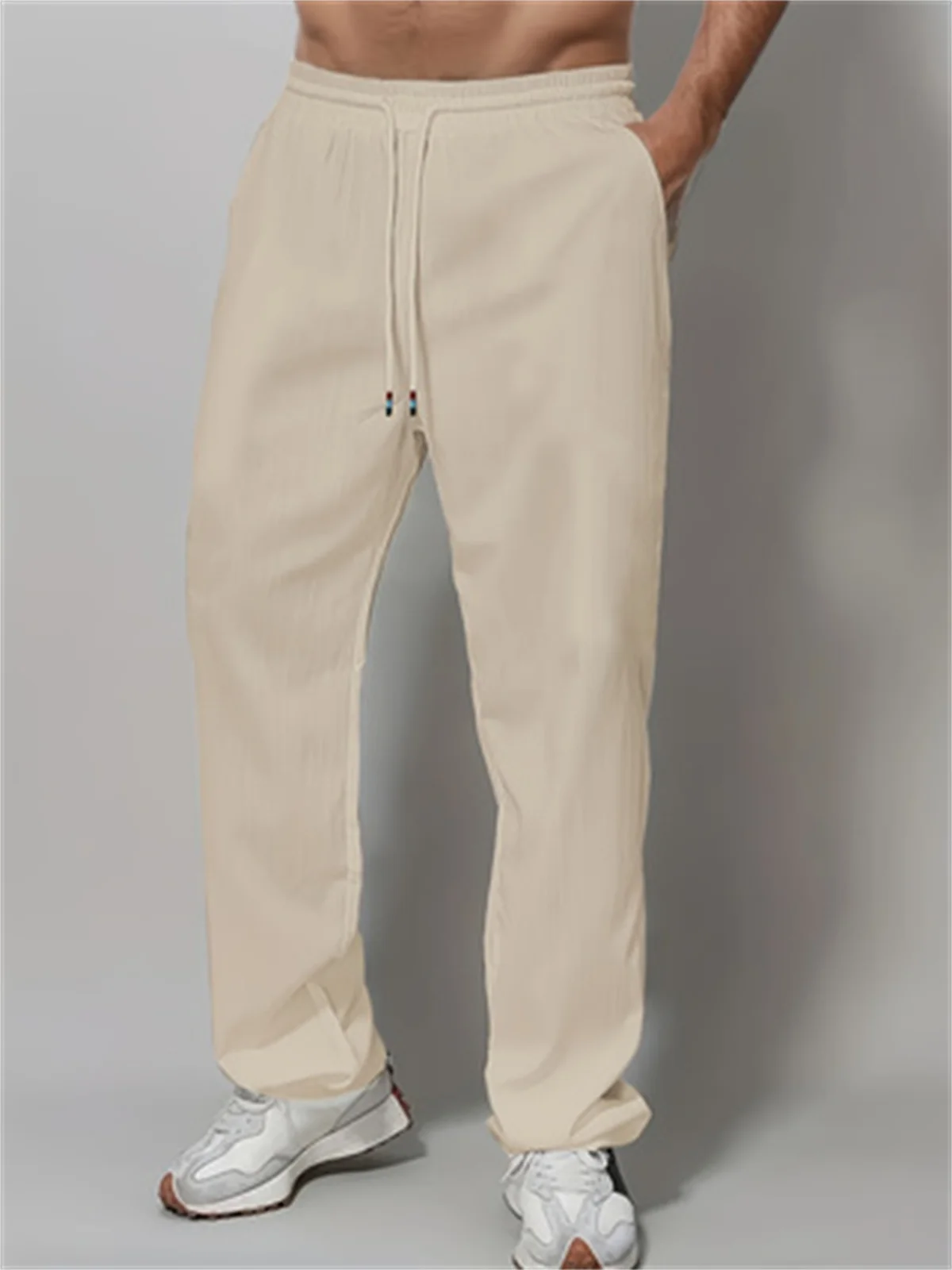New Trend Simple Solid Color Men's Cotton Casual Drawstring Straight Leg Pants，A Gift For Men 5