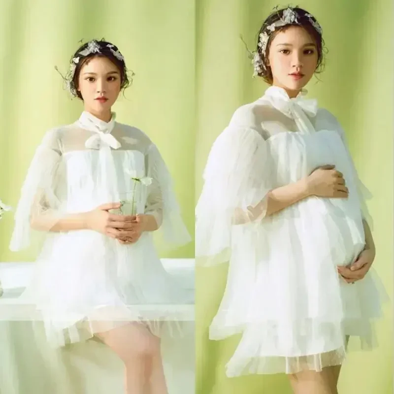 

Maternity Photography White Sarong Women Elegant See-through White Dress Half Sleeve Photo Shoot Clothes Mommy Dress