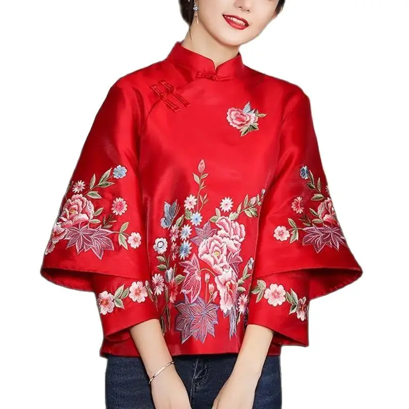 

2024 Spring Autumn Ethnic Style Tang Suit Coat Retro Embroidery Button Chinese Top Women's Top Elegant Loose Blouse Chinese Tops