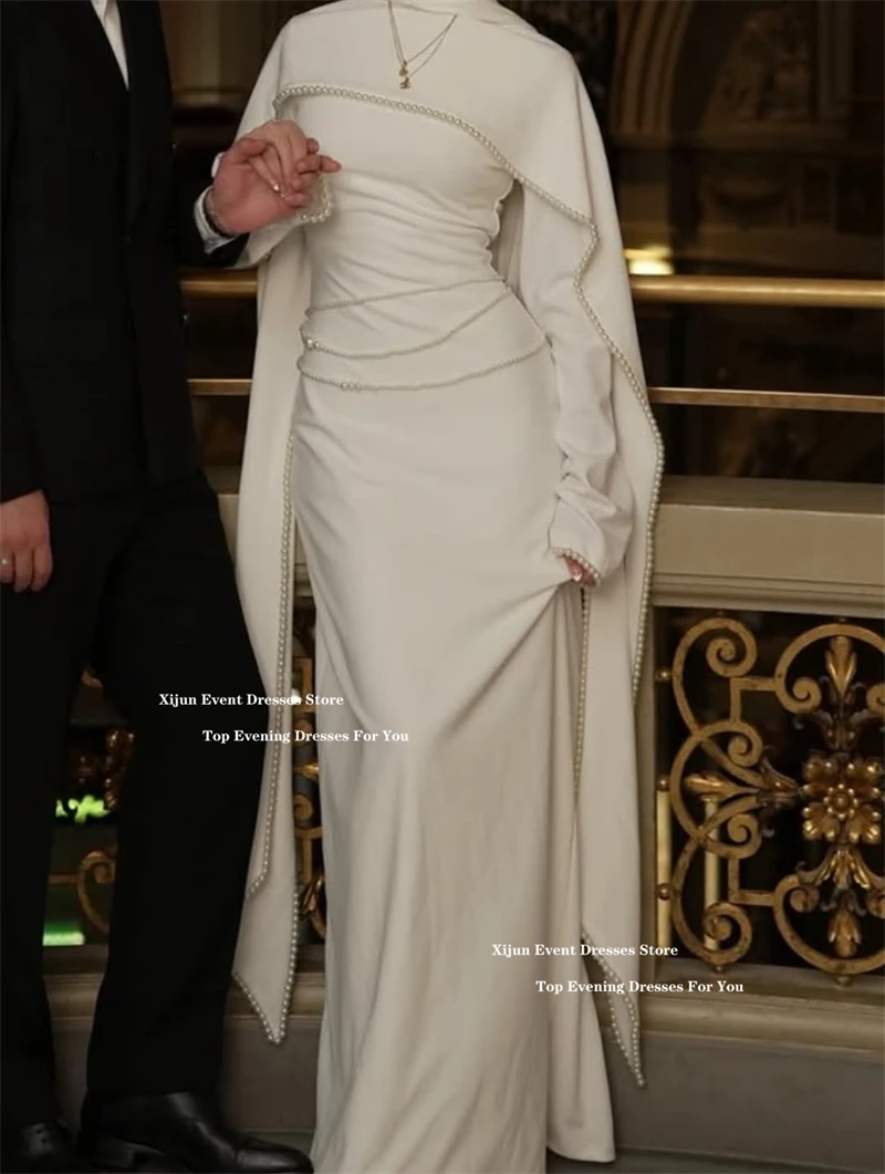 Xijun Ivory Crepe Pearls Prom Dresses Cape Full Sleeves Long Mermaid Wedding Dresses Formal Luxury Dubai Prom Gowns Customized 4