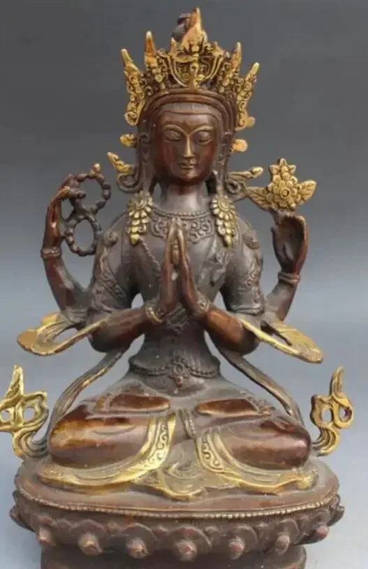 

Height 21cm /15cm Old Tibet Buddhism Bronze Gilt 4 Arms Chenrezig Buddha Avalokiteshvara Statue