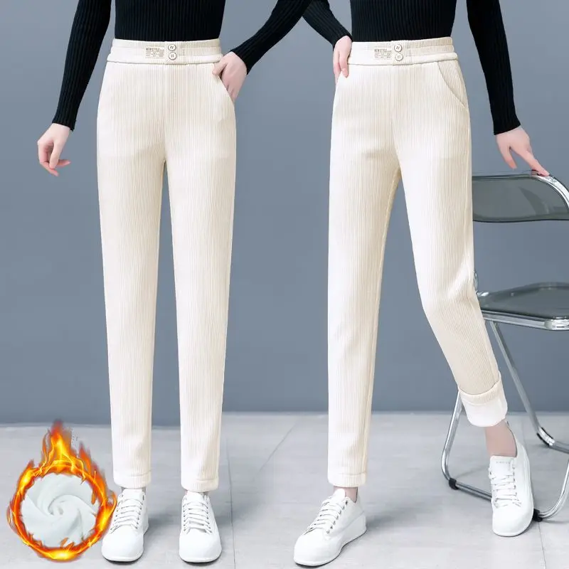 Winter Plus Velvet Harem Pants Women Solid Corduroy High Waist Pantalones Letter Print Stretch Fleece Lined Baggy Sweatpants
