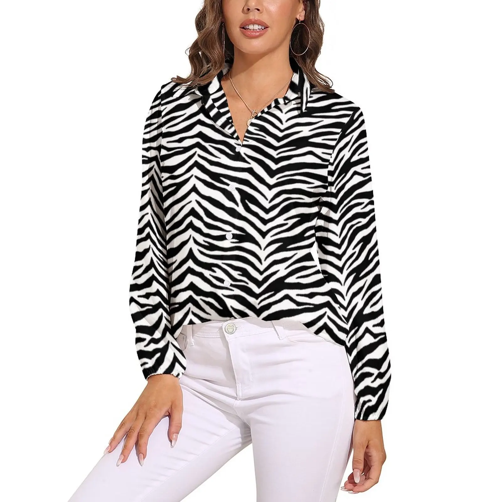 

Zebra Print Blouse Long-Sleeve Animal Stripes Retro Blouses Female Street Style Oversized Shirts Printed Tops Gift