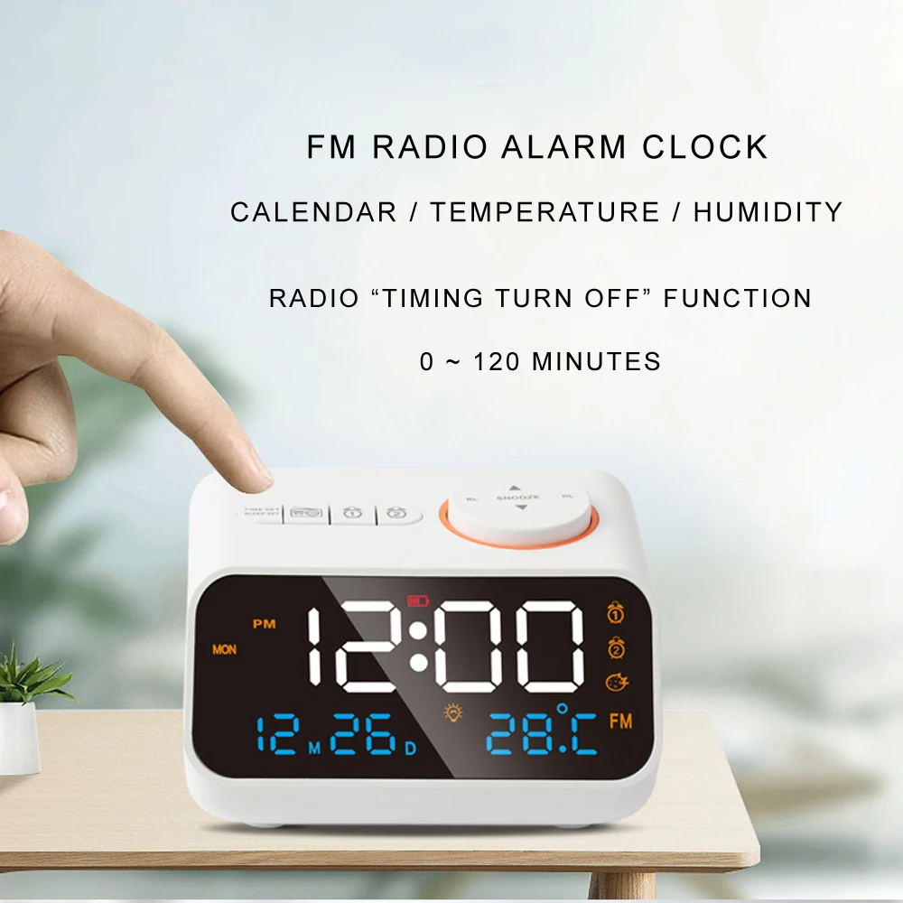 Mordern FM Radio LED Alarm Clock for Bedside Wake Up. Digital Table Calendar with Temperature Thermometer Humidity Hygrometer. 2