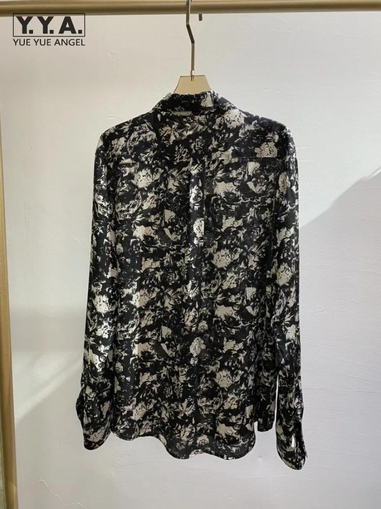 Vintage Flower Printing Silk Shirt Office Ladies Elegant Long Sleeve Spring Summer Single Breasted Casual Shirts Women Black Top