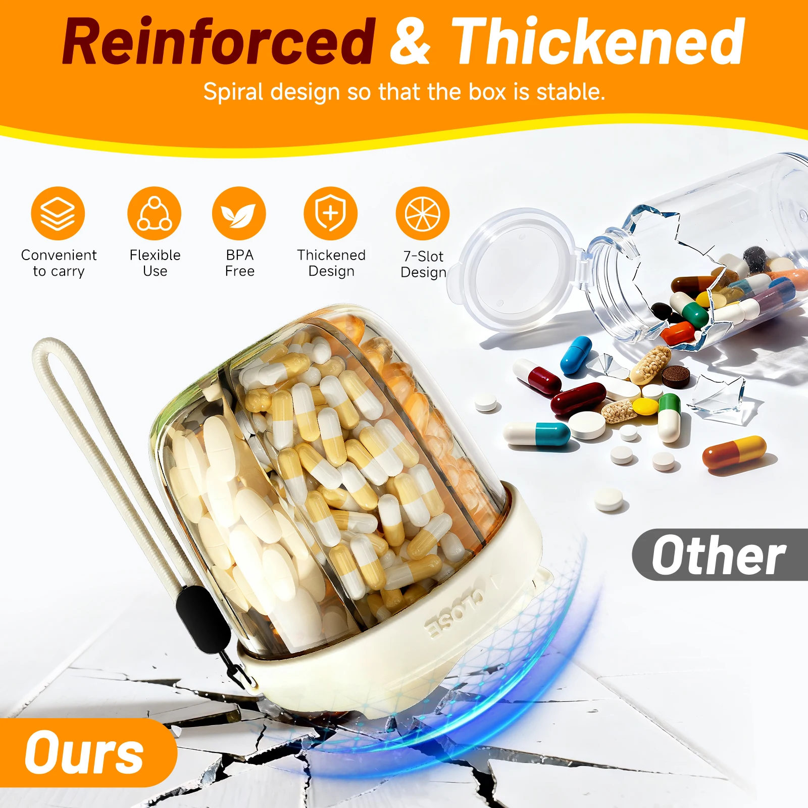 Rotatable Cute 7 Grid Pill Cup Bottle Organizer Week Tablets for Portable Travel 7 Vitamin Supplement Medicine Storage Container