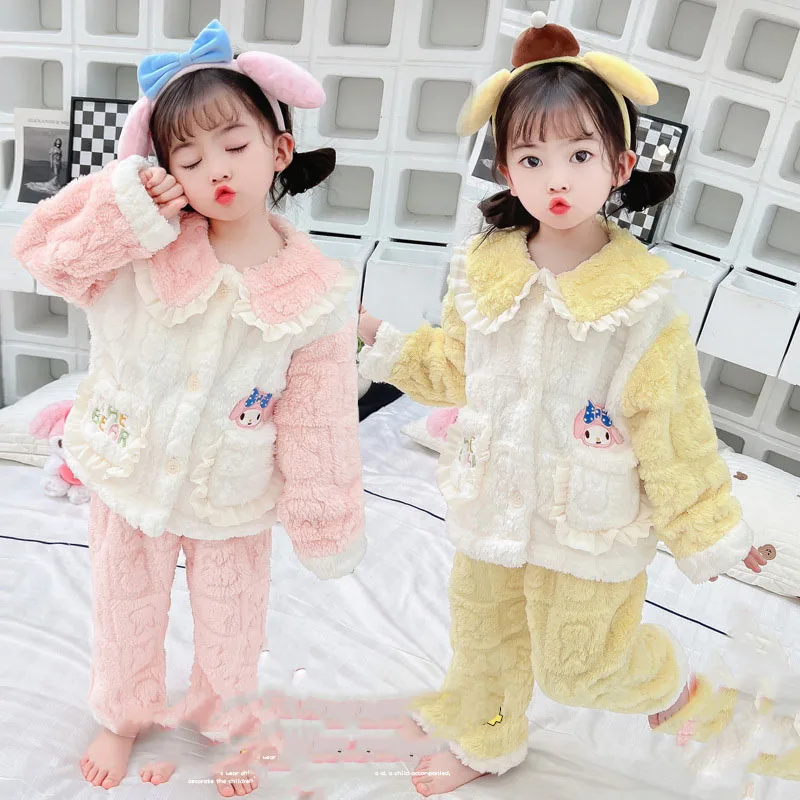 

Anime Sanrio Children Pajamas My Melody Accessories Cute Kawaii Thickened Baby Homewear Suit Fall and Winter Toys for Girls Gift