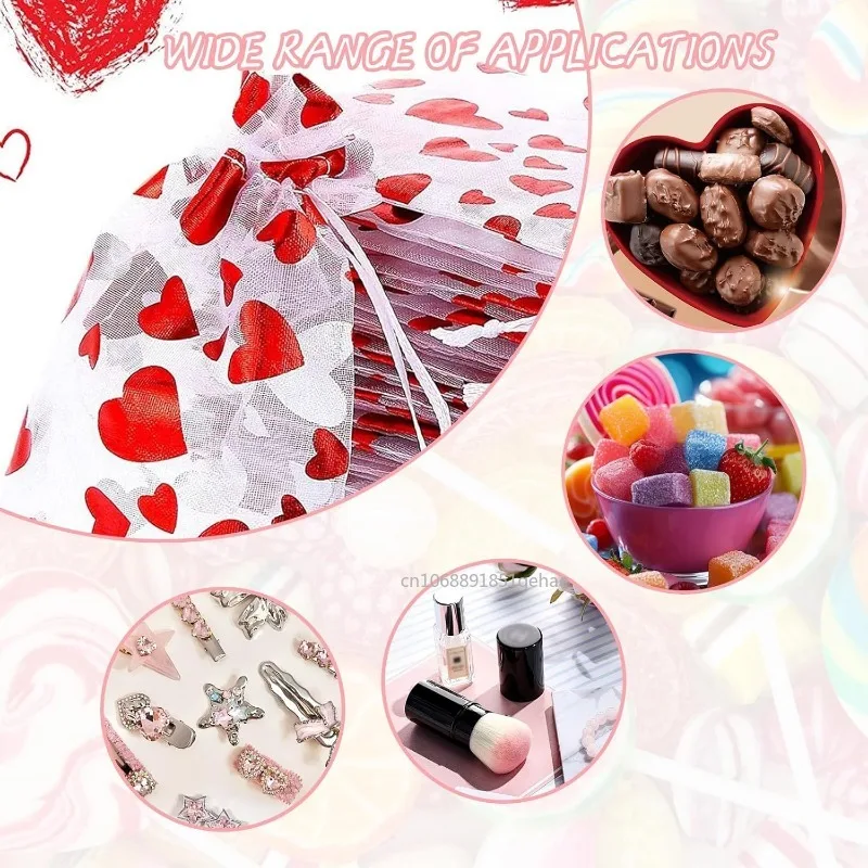 100-20pcs Red Love Heart Organza Drawstring Bag Gift Candy Bag Wedding Valentines Day Birthday Party Decor Packaging Supplies