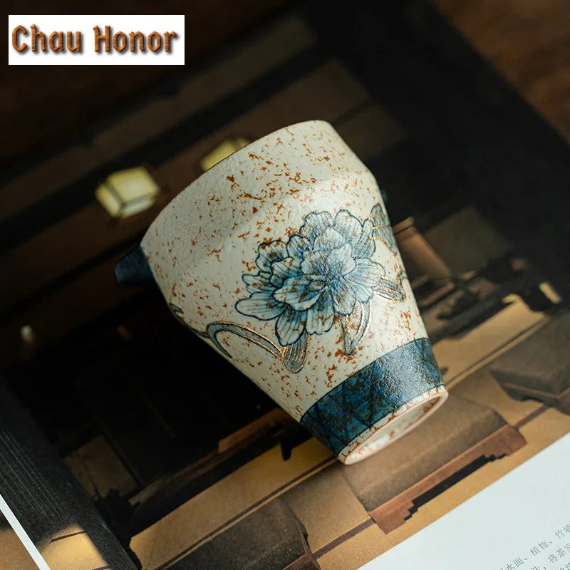 200ml Blue And White Flint Red Tea Pitcher Handmade Gold Drawing Peony Flower Cha Hai Justice Cup Chinese Tea Set Accessories