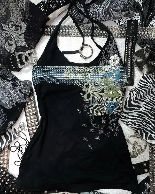 Black Camo Subculture Y2K E-girl American Retro Fake Two-Piece Short Sleeve Top main image 0