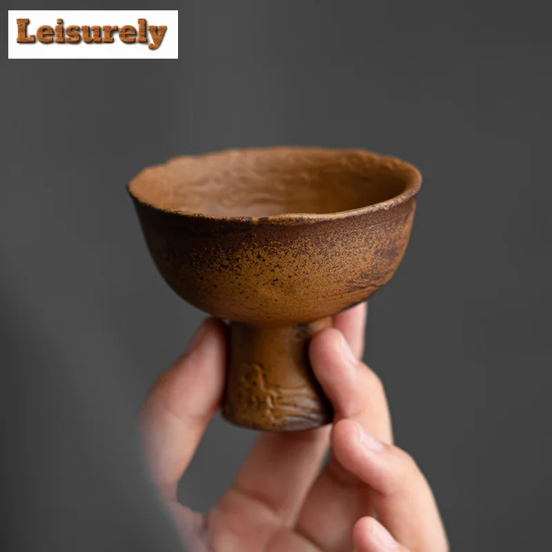 2pc/lot Retro Sauce Glazed Coarse Pottery Teacup Old Rock Mud Master Cup High Feet Meditation Cup Chazhan Mugs Kung Fu Tea Set