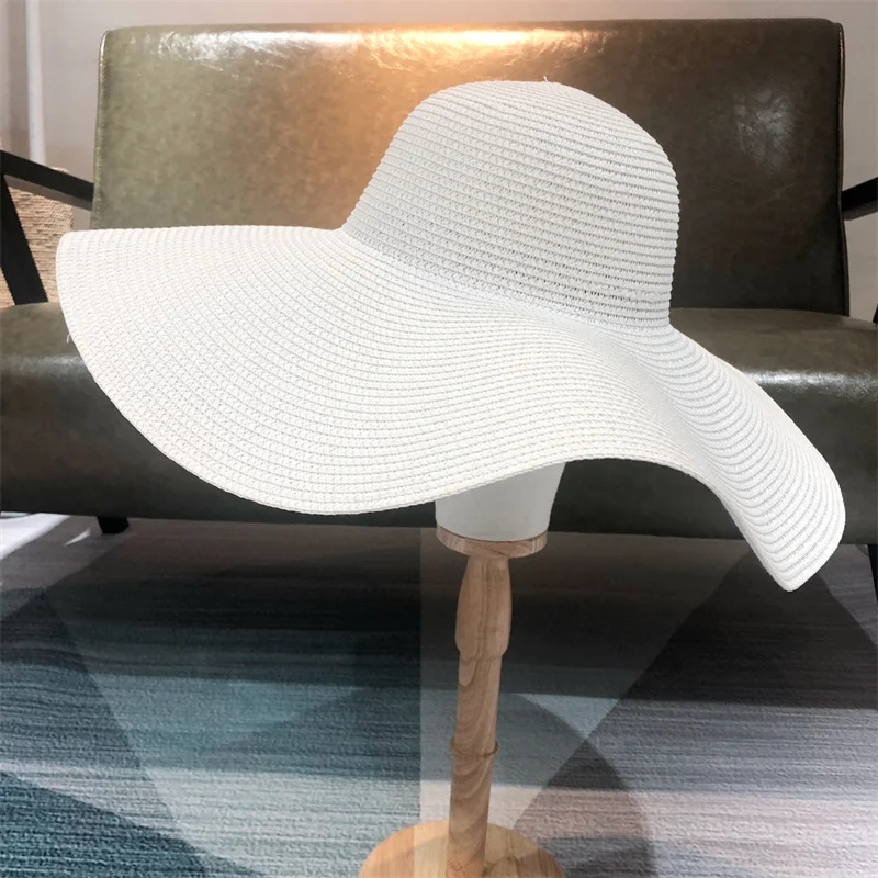 White punk straw hat 25cm large brim hat sun ultra-thin breathable summer sun straw travel men and women