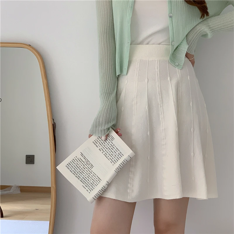 Preppy Style Knitted Pleated Skirt Women Autumn Winter New High Waist Solid Color A-line Knee Length Skirts