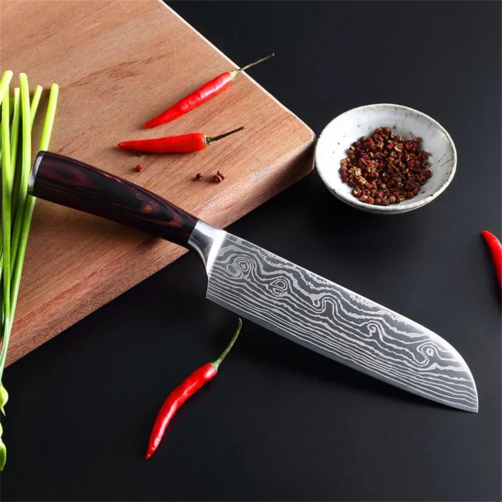 LANDOSAN Santoku Knife 7 inch Kitchen Knives Vegetable Stainless Steel Blade Genuine Wood Handle Cutlery for Home Kitchen and Restaurant