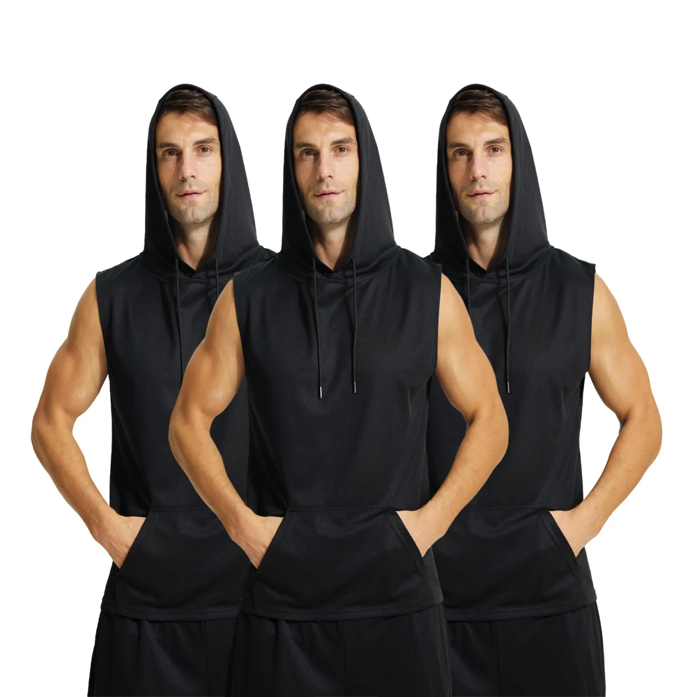 

3 Pack Mens Short Sleeve Compression Hoodie with Pockets Quick Drying Sweatshirt Workout Athletic Drawstring Tank Top T Shirt