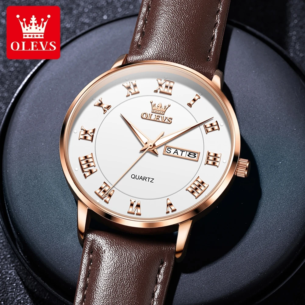 OLEVS Fashion Simple Quartz Watch for Men Leather Strap Waterproof Week Date Mens Watches Top Brand Luxury Relogio Masculino