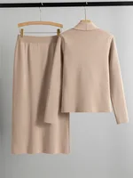 Elegant Chic Knitted 2 Piece Sets Women Lapel Neck Long Sleeve Knitwears Cardigan Tops Conjuntos Solid High Waist Skirts Outfit - Image 5