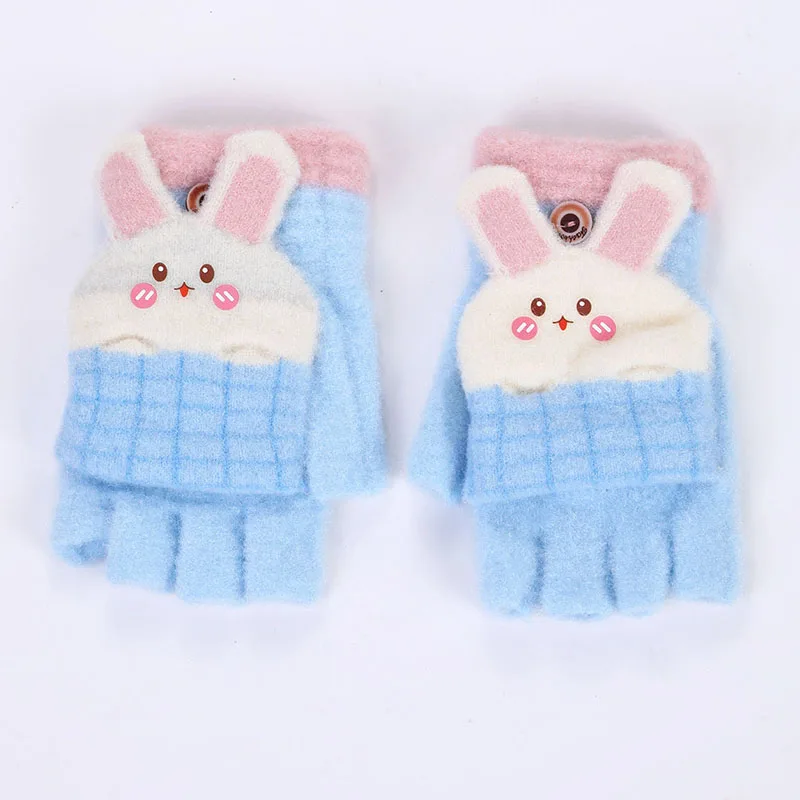 3-12 Years Kids Boys Girls Homework Winter Gloves Cute Rabbit Ear Half Finger Flip Cover Knitted Cold-Proof Mittens