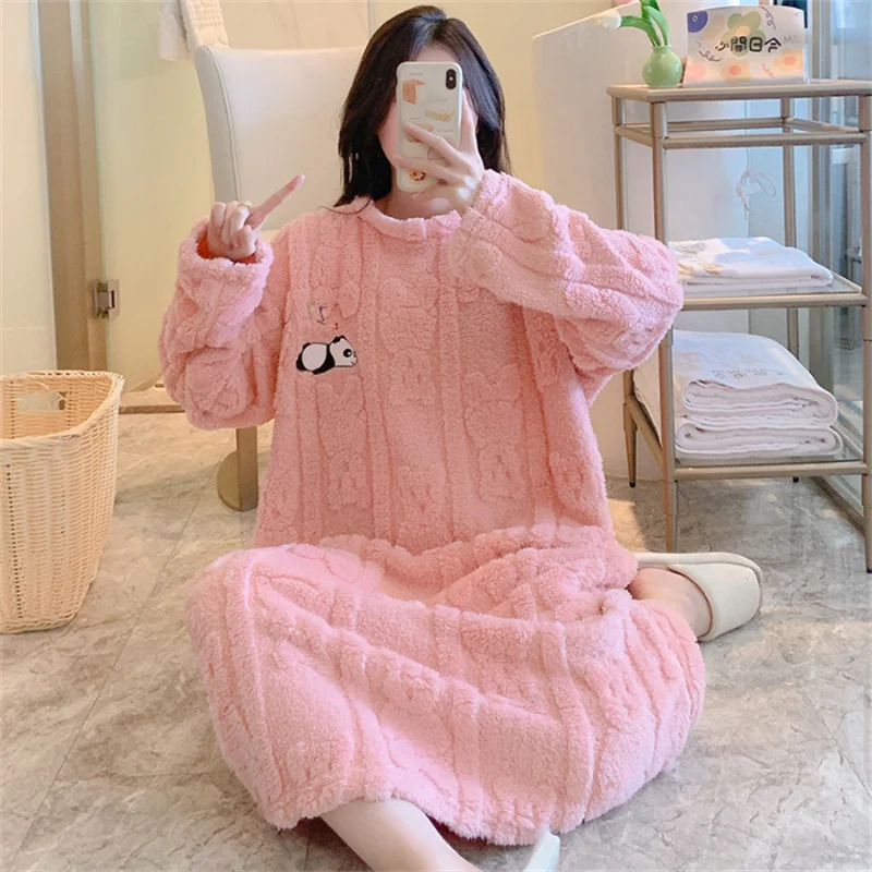 Winter Coral Velvet Nightdress for Women Round Neck Sweet Princess Wind Dress Fleece and Thickened Thermal Pajamas Loungewear
