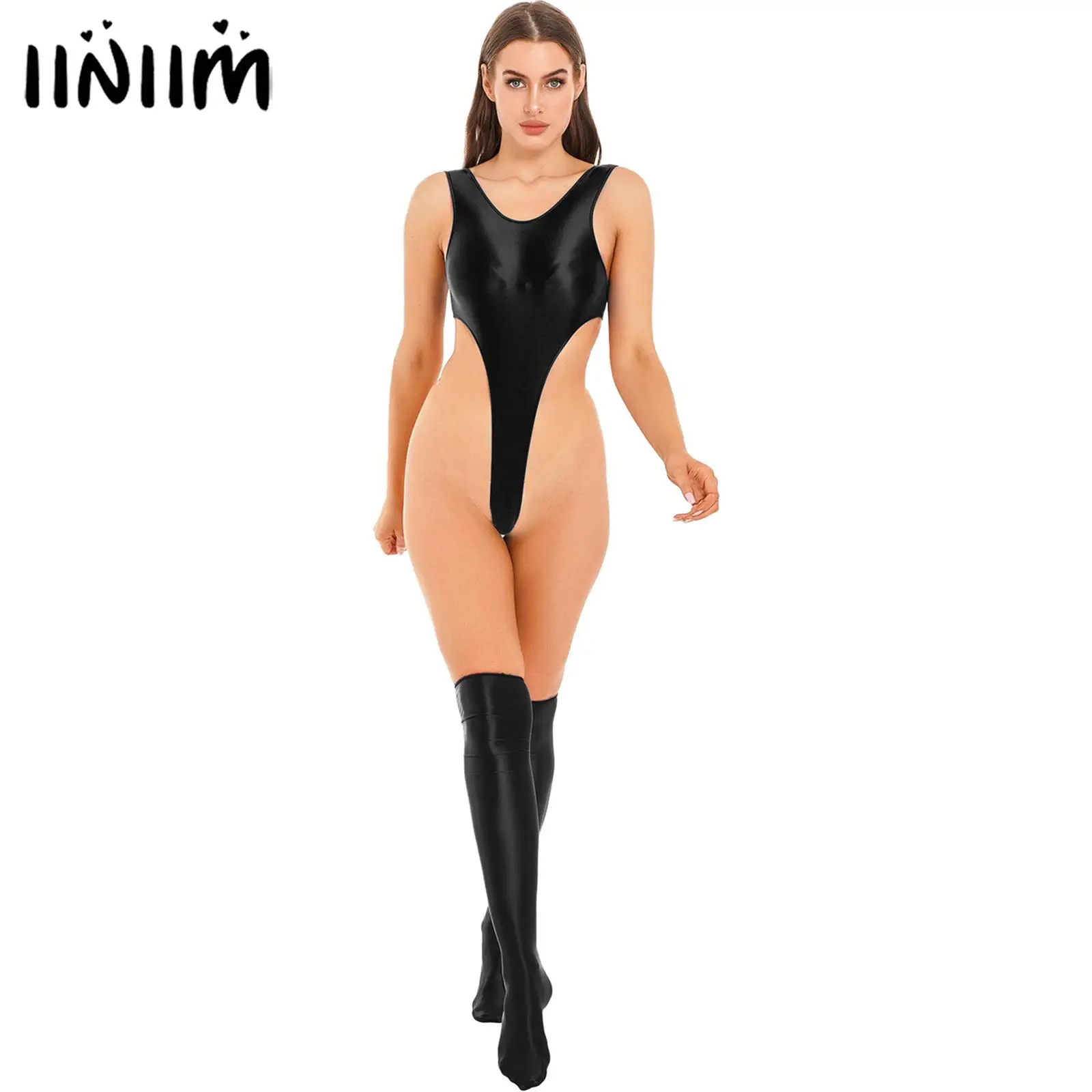 

Womens Solid Color Glossy Thigh High Stockings Backless High Cut Sexy Sportswear Beachwear Swimwear Bodysuit
