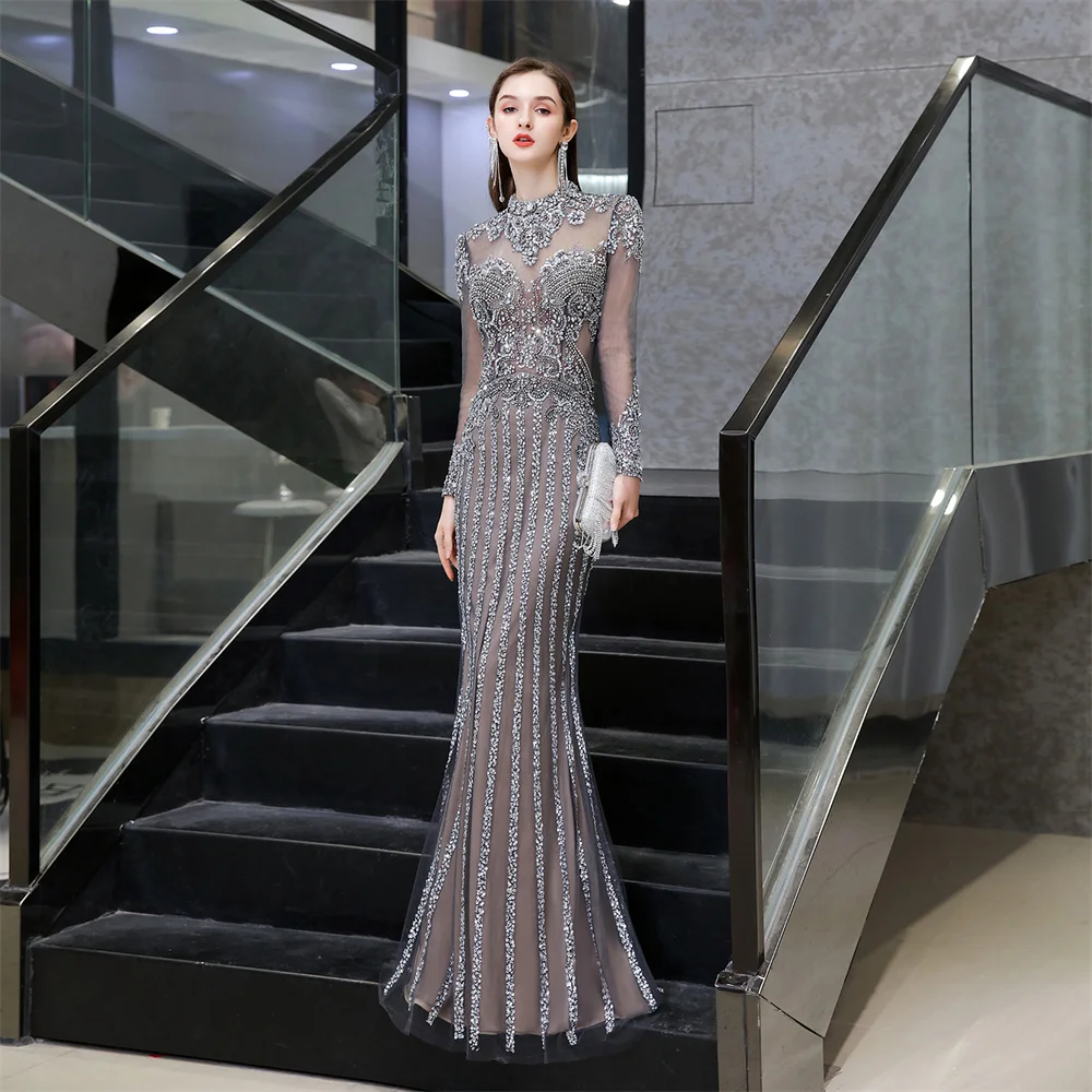 

Dubai Evening Dresses Long Luxury Beading Crystals Party Dresses Long Sleeve Mermaid Prom Gowns Formal Occasion Dresses Elegant