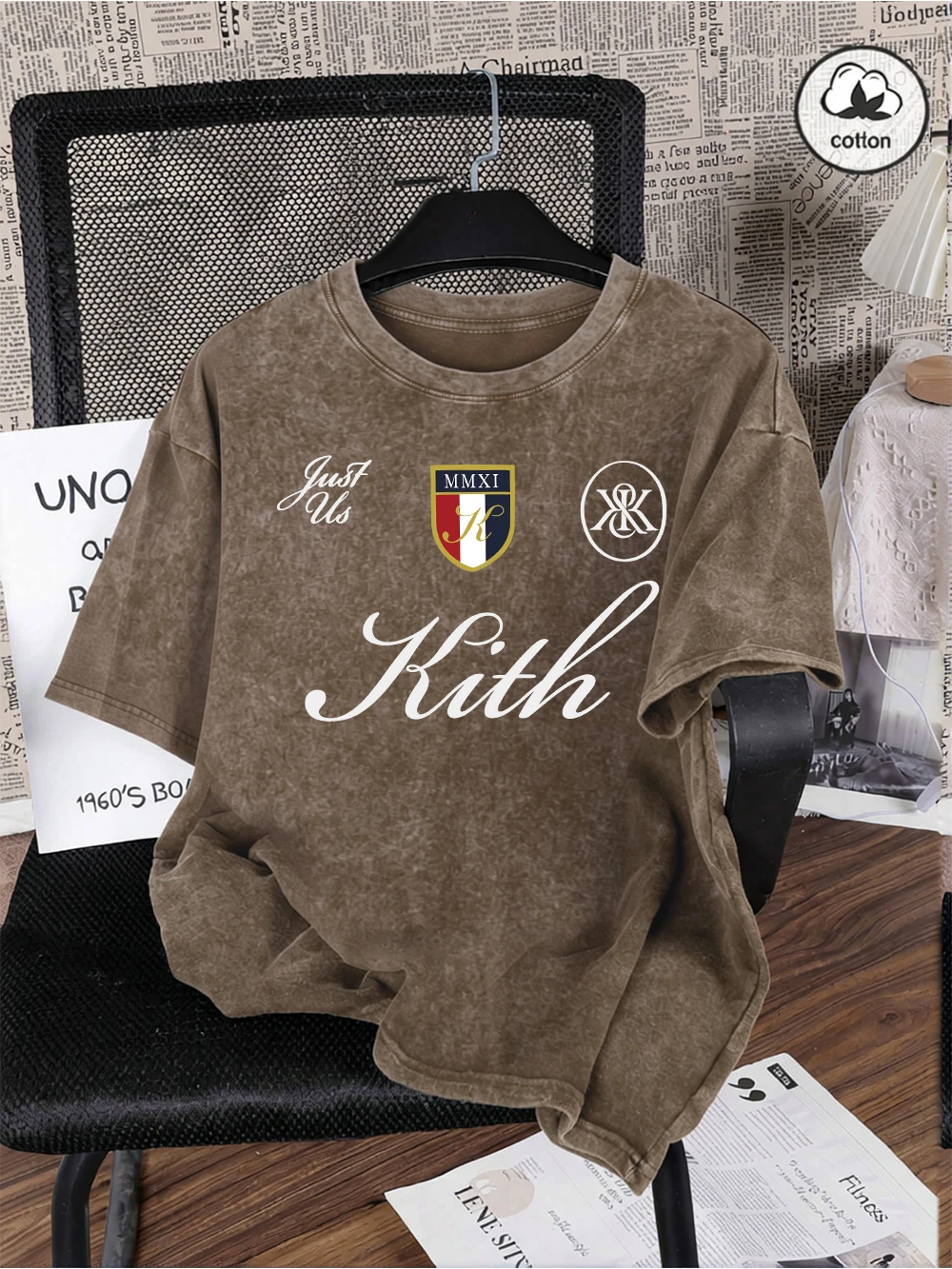 Just Us Kith Art Letter Printing Washed T-Shirt Men'S Cotton Oversized T Shirts Casual O-Neck Distressed Tops Summer Men Clothes