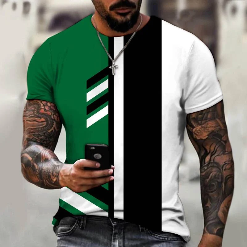 

Men's shirt striped color stitching 3D printed pattern crew neck t-shirt