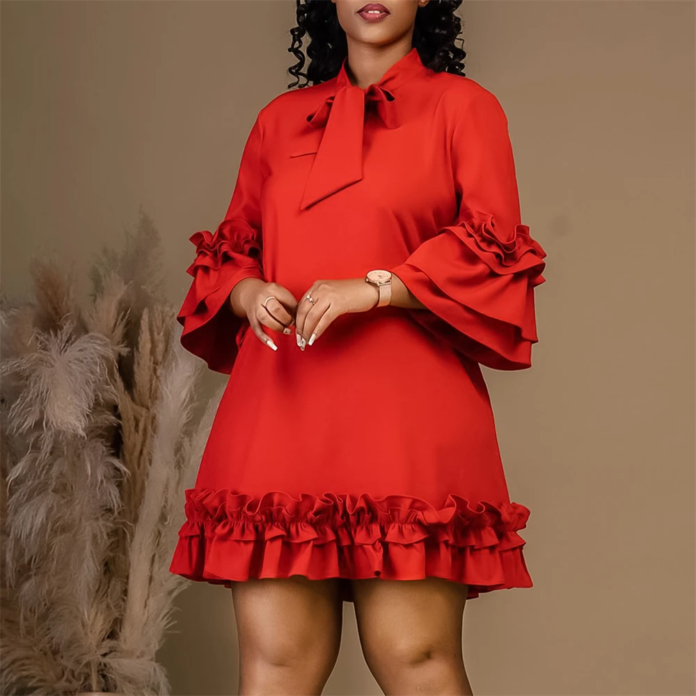 

Elegant Ruffle Party Dress Women Solid Color Pleated Ruched Mini Evening Wedding Work Business Dresses African Ankara Dashiki