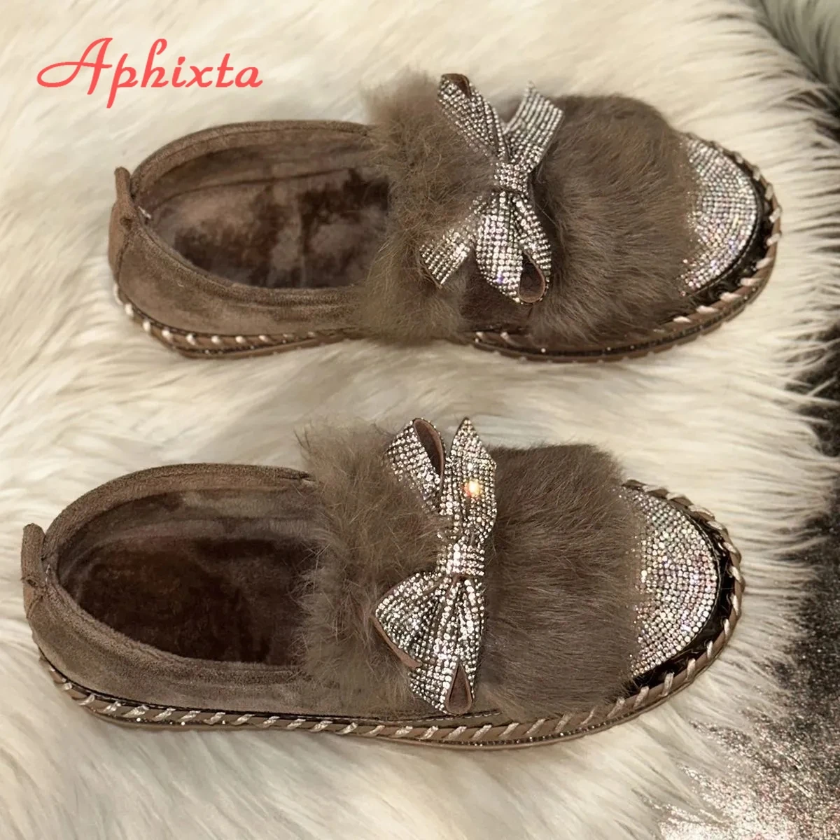 Aphixta Furry Crystal Bow Dec Women's Casual Shoes 3cm Flat Platform Loafers Short Plush Warm Autumn Winter Woman Flats Size 43